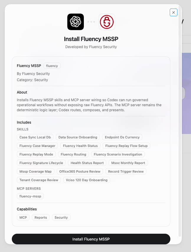 Install Fluency MSSP package showing skills, MCP server, and capabilities for governed operational workflows